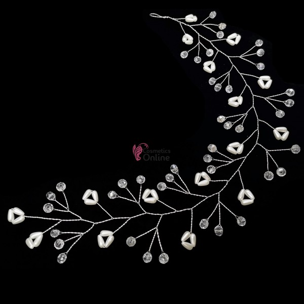 Accesoriu modern pentru decor par WED45HH Argintiu cu cristale si perle de 35cm